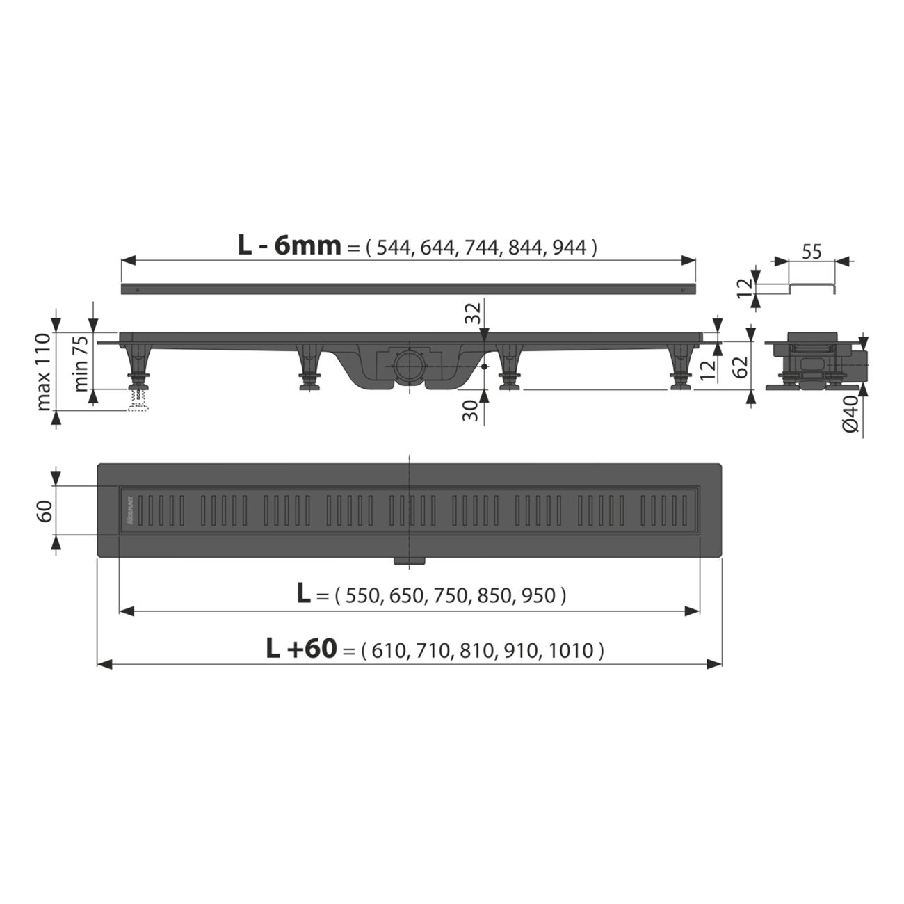 Дренажный канал ALCAPLAST APZ10BLACK-950M с решеткой